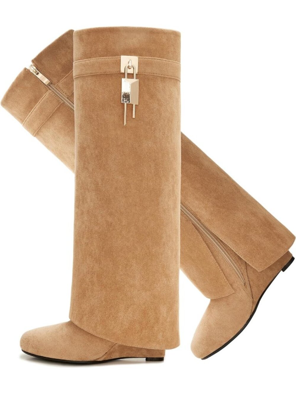 Women Beige Pointy Pull-on Side Zipper Padlock Fold Over Knee High Boots